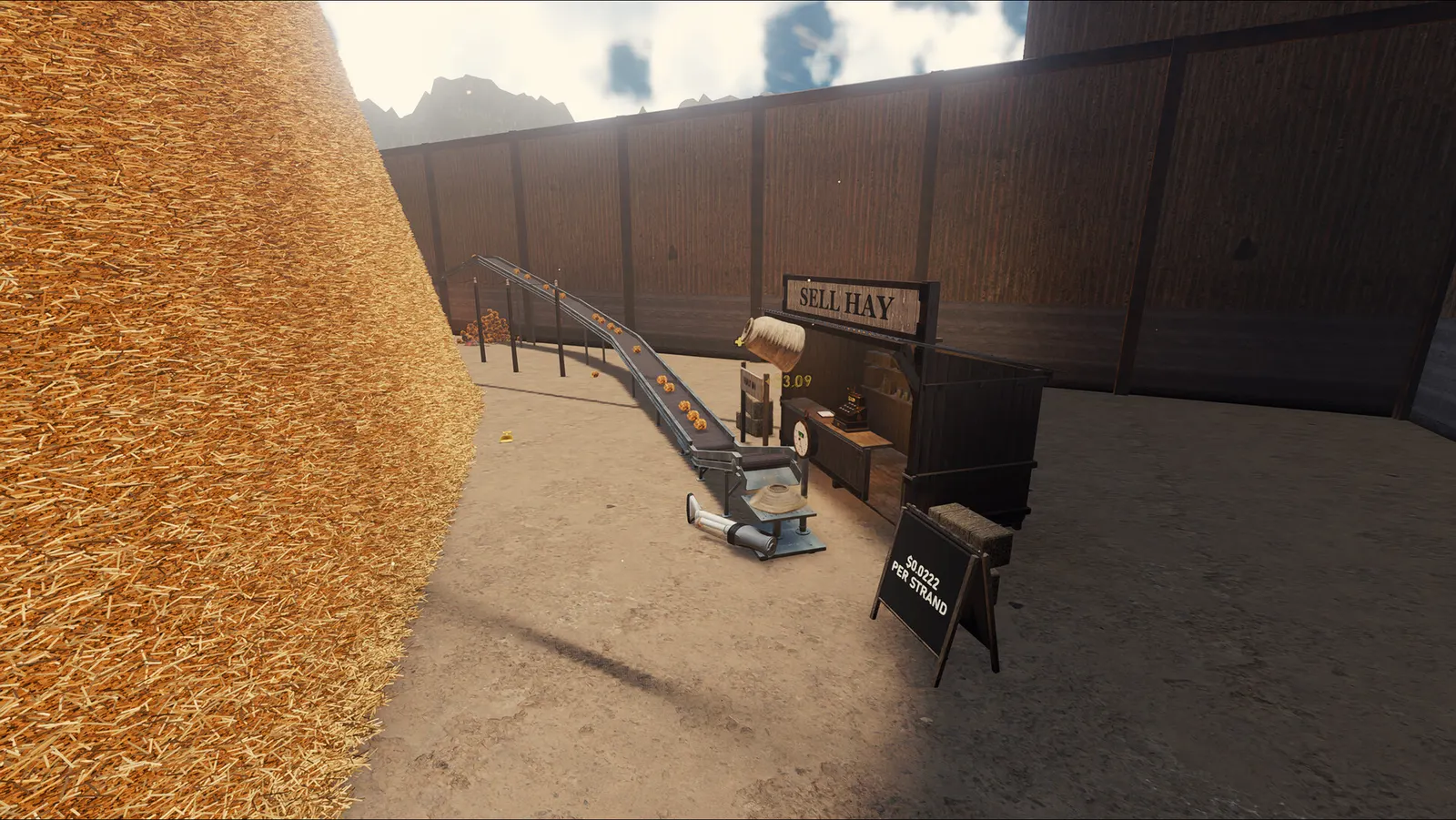 A conveyor carrying hay from the haystack to the hay sell stand
